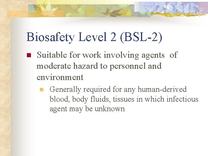 Biosafety Level 2 (BSL-2) n Suitable for work involving agents of moderate hazard to Biosafety Level 2 (BSL-2) n Suitable for work involving agents of moderate hazard to