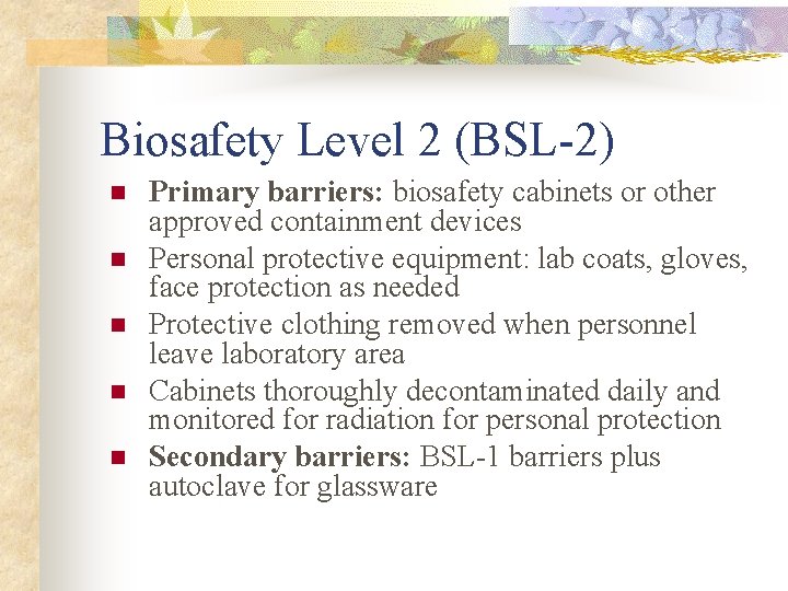 Biosafety Level 2 (BSL-2) n n n Primary barriers: biosafety cabinets or other approved Biosafety Level 2 (BSL-2) n n n Primary barriers: biosafety cabinets or other approved