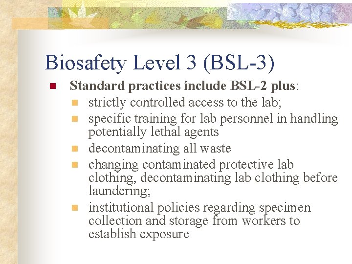 Biosafety Level 3 (BSL-3) n Standard practices include BSL-2 plus: n strictly controlled access Biosafety Level 3 (BSL-3) n Standard practices include BSL-2 plus: n strictly controlled access