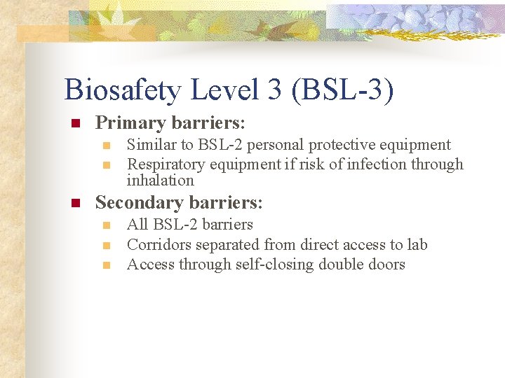 Biosafety Level 3 (BSL-3) n Primary barriers: n n n Similar to BSL-2 personal Biosafety Level 3 (BSL-3) n Primary barriers: n n n Similar to BSL-2 personal