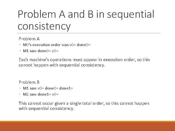 Problem A and B in sequential consistency Problem A ◦ M 0's execution order