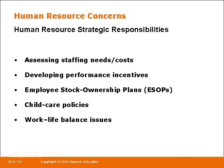 Human Resource Concerns Human Resource Strategic Responsibilities • Assessing staffing needs/costs • Developing performance