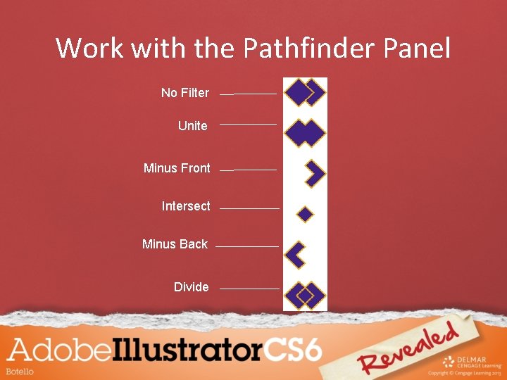 Work with the Pathfinder Panel No Filter Unite Minus Front Intersect Minus Back Divide