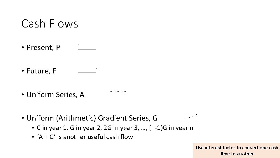 Cash Flows • Present, P • Future, F • Uniform Series, A • Uniform