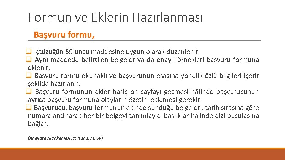 Formun ve Eklerin Hazırlanması Başvuru formu, q İçtüzüğün 59 uncu maddesine uygun olarak düzenlenir.