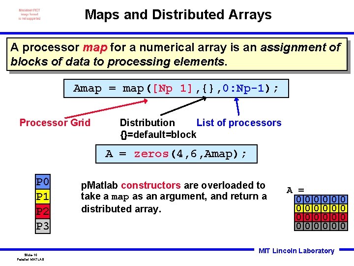 Maps and Distributed Arrays A processor map for a numerical array is an assignment