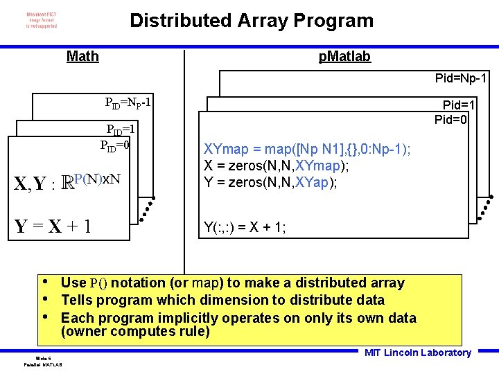Distributed Array Program Math p. Matlab Pid=Np-1 PID=NP-1 PID=0 P(N)x. N X, Y :