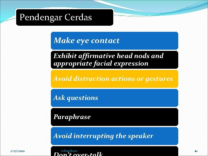 Pendengar Cerdas Make eye contact Exhibit affirmative head nods and appropriate facial expression Avoid