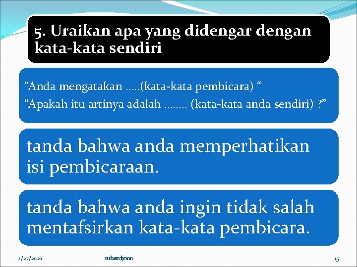 5. Uraikan apa yang didengar dengan kata-kata sendiri “Anda mengatakan …. . (kata-kata pembicara)