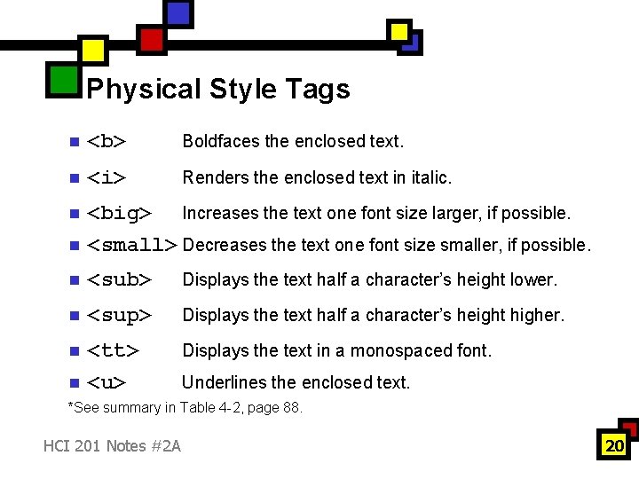 Physical Style Tags n <b> Boldfaces the enclosed text. n <i> Renders the enclosed