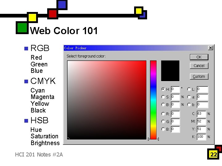 Web Color 101 n RGB Red Green Blue n CMYK Cyan Magenta Yellow Black