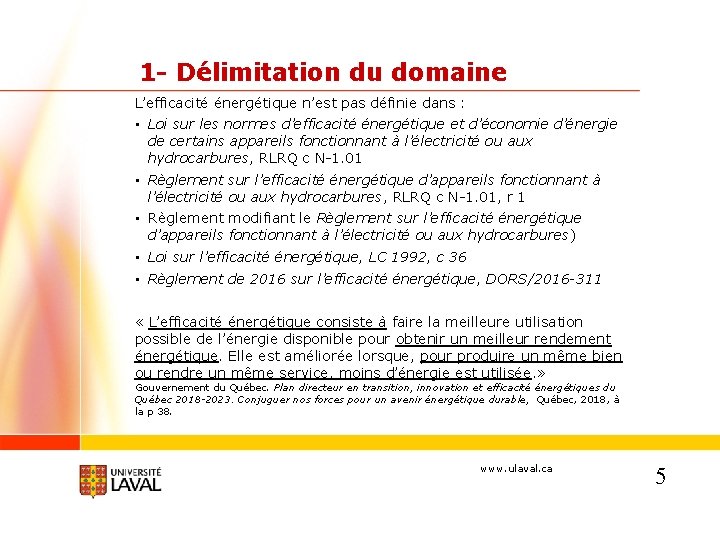 1 - Délimitation du domaine L’efficacité énergétique n’est pas définie dans : • Loi