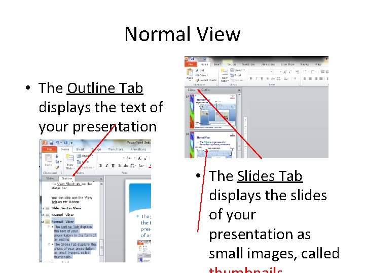 Normal View • The Outline Tab displays the text of your presentation in the