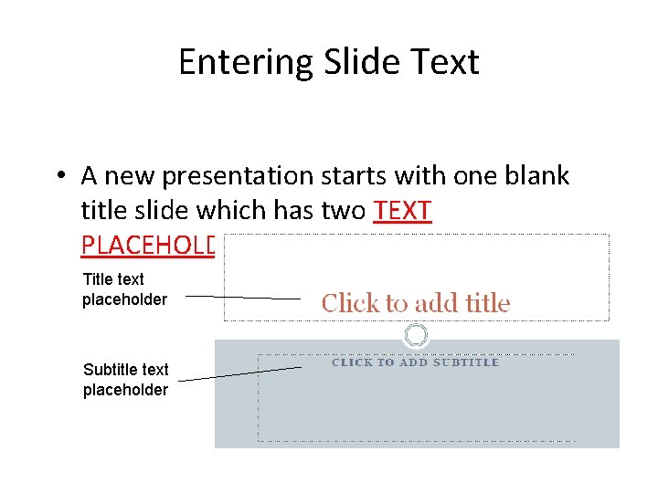Entering Slide Text • A new presentation starts with one blank title slide which