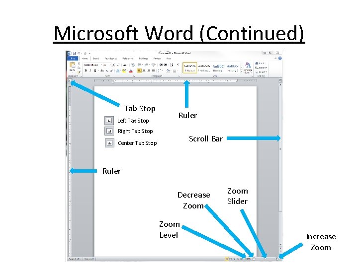 Microsoft Word (Continued) Tab Stop Left Tab Stop Ruler Right Tab Stop Scroll Bar