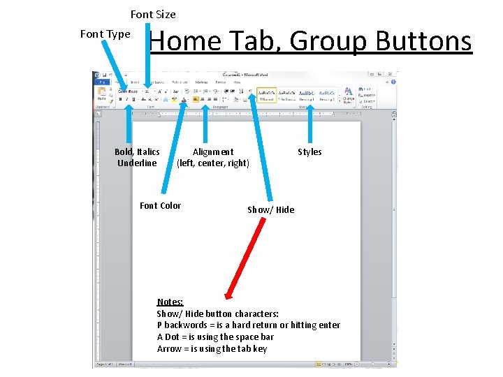 Font Size Font Type Home Tab, Group Buttons Bold, Italics Underline Alignment (left, center,
