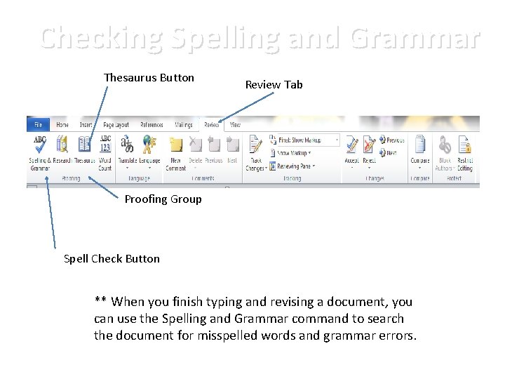 Checking Spelling and Grammar Thesaurus Button Review Tab Proofing Group Spell Check Button **
