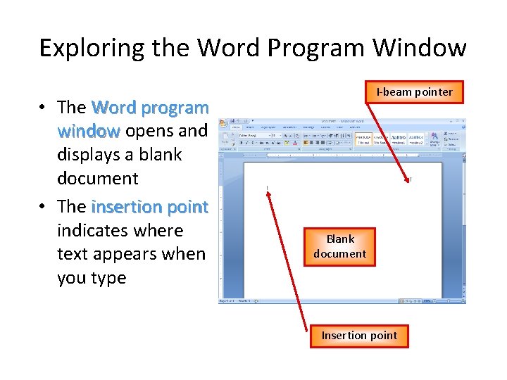 Exploring the Word Program Window • The Word program window opens and displays a