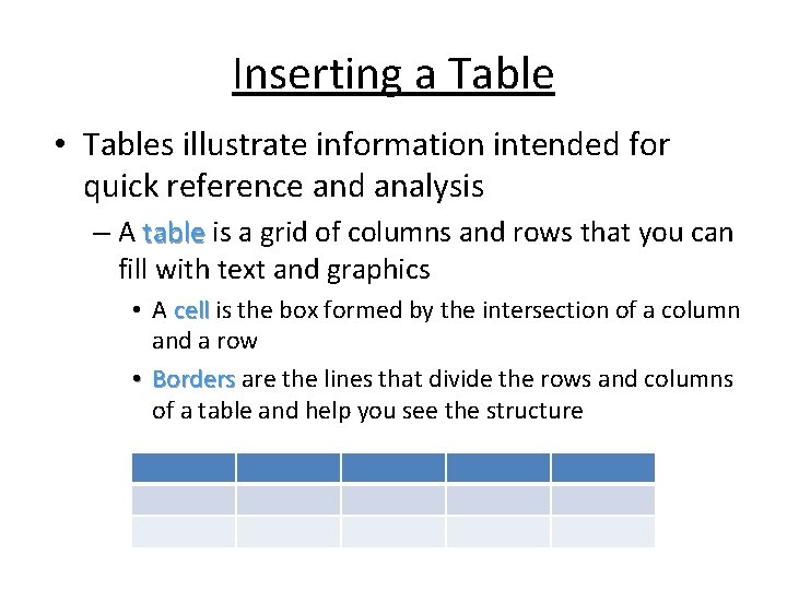 Inserting a Table • Tables illustrate information intended for quick reference and analysis –