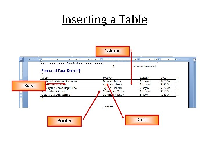 Inserting a Table Column Row Border Cell 