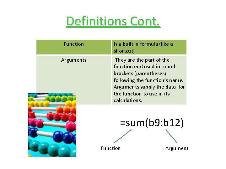 Definitions Cont. Function Arguments Is a built in formula (like a shortcut) They are