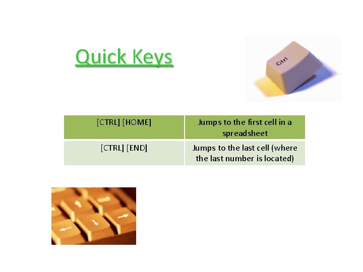 Quick Keys [CTRL] [HOME] Jumps to the first cell in a spreadsheet [CTRL] [END]