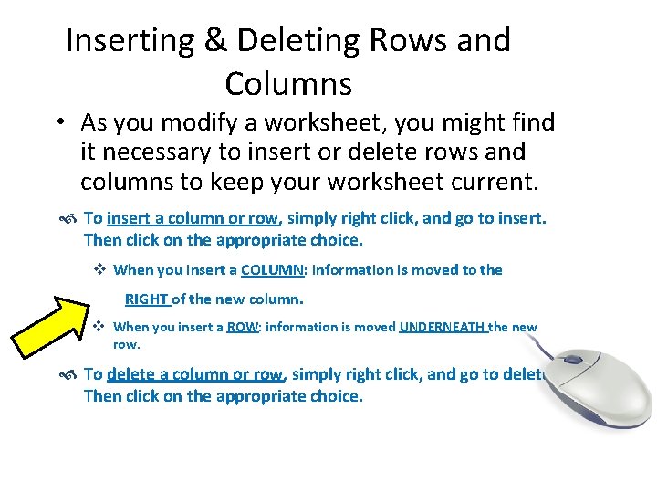 Inserting & Deleting Rows and Columns • As you modify a worksheet, you might