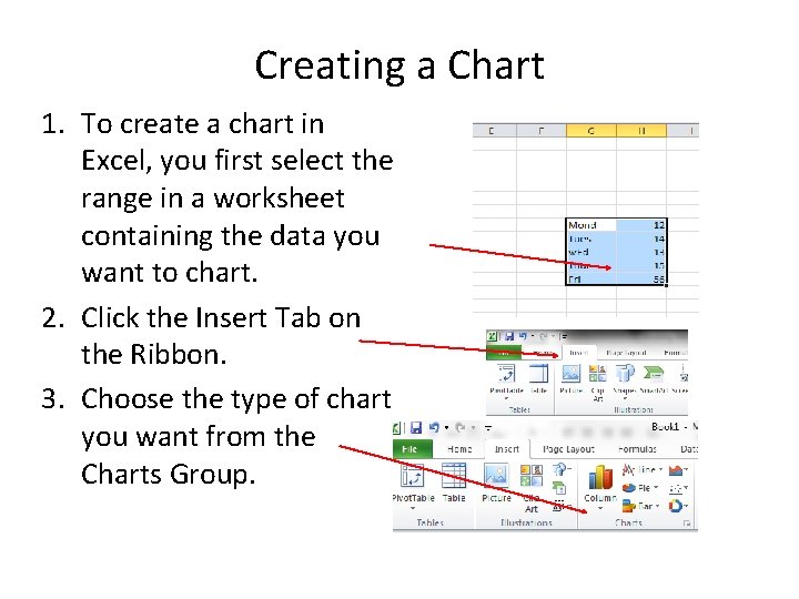 Creating a Chart 1. To create a chart in Excel, you first select the