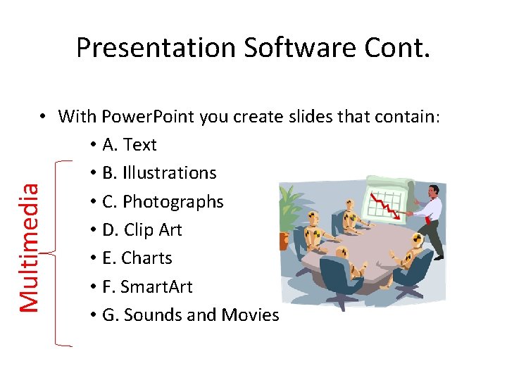 Presentation Software Cont. Multimedia • With Power. Point you create slides that contain: •