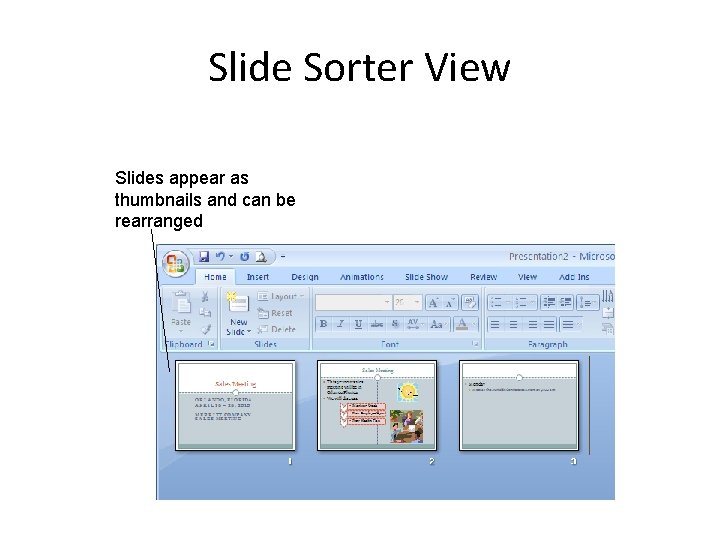 Slide Sorter View Slides appear as thumbnails and can be rearranged 
