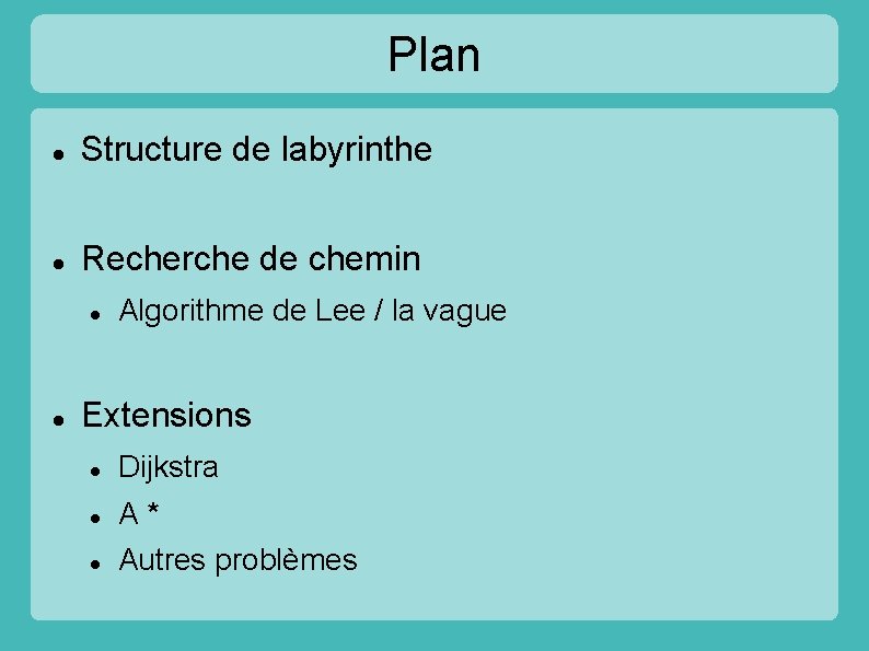 Plan Structure de labyrinthe Recherche de chemin Algorithme de Lee / la vague Extensions