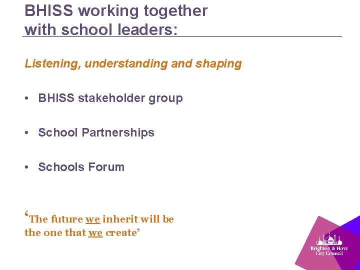 BHISS working together with school leaders: Listening, understanding and shaping • BHISS stakeholder group