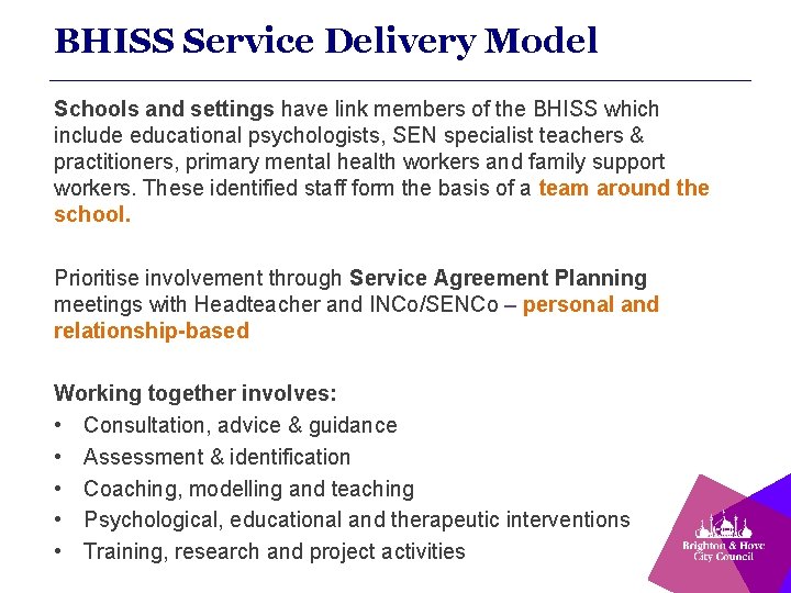 BHISS Service Delivery Model Schools and settings have link members of the BHISS which