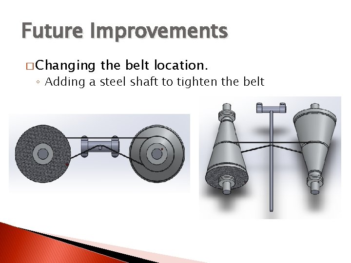 Future Improvements � Changing the belt location. ◦ Adding a steel shaft to tighten