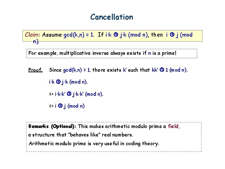 Cancellation Claim: Assume gcd(k, n) = 1. If i·k j·k (mod n), then i