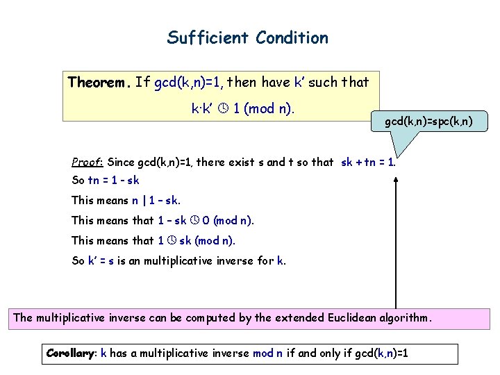 Sufficient Condition Theorem. If gcd(k, n)=1, then have k’ such that k·k’ 1 (mod