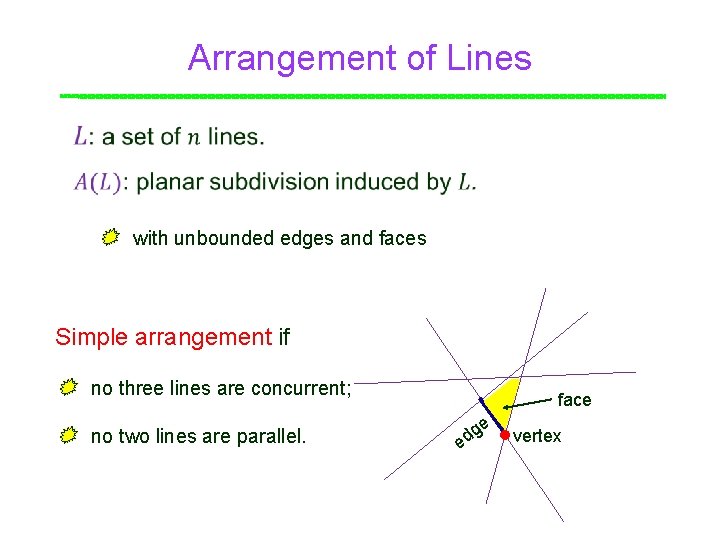 Arrangement of Lines Point with unbounded edges and faces Simple arrangement if no three