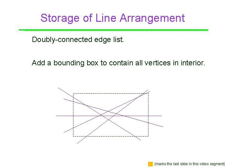 Storage of Line Arrangement Doubly-connected edge list. Point Add a bounding box to contain