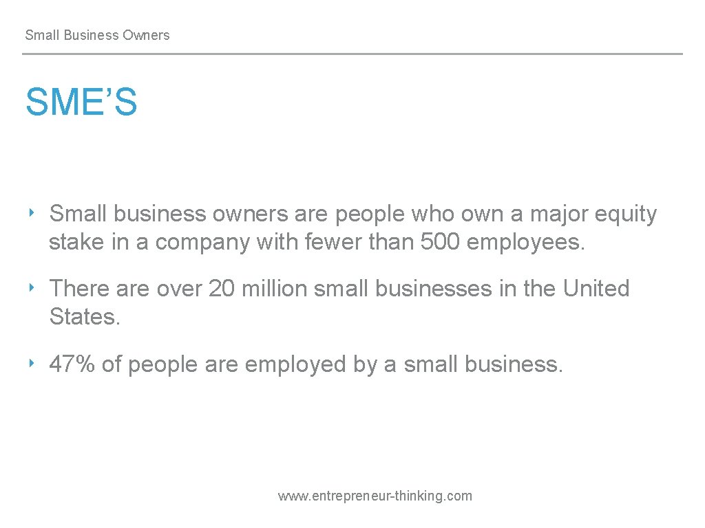 Small Business Owners SME’S ‣ Small business owners are people who own a major