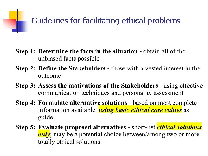 Guidelines for facilitating ethical problems 