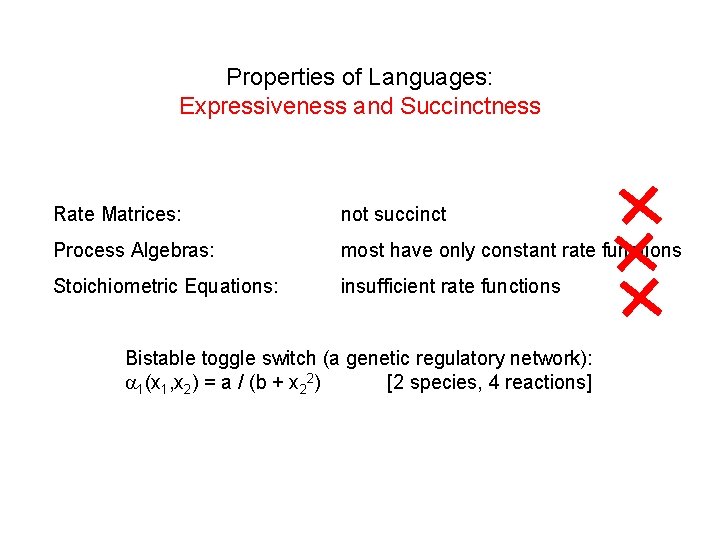 Properties of Languages: Expressiveness and Succinctness Rate Matrices: not succinct Process Algebras: most have