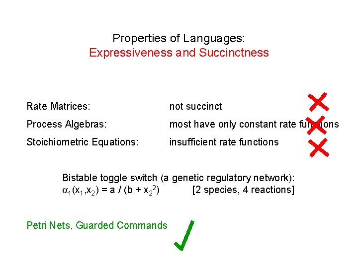 Properties of Languages: Expressiveness and Succinctness Rate Matrices: not succinct Process Algebras: most have