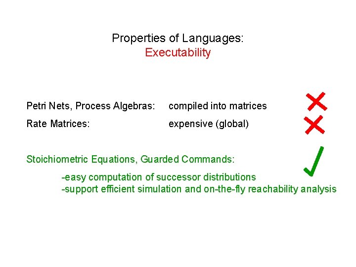 Properties of Languages: Executability Petri Nets, Process Algebras: compiled into matrices Rate Matrices: expensive
