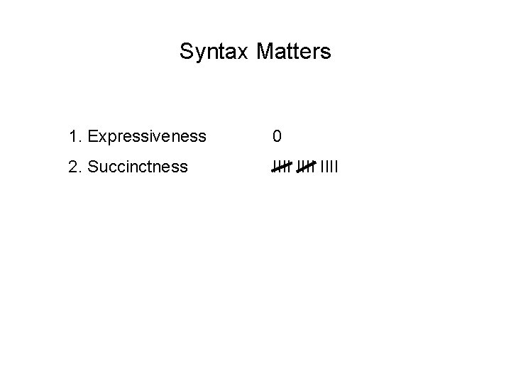 Syntax Matters 1. Expressiveness 0 2. Succinctness IIII 