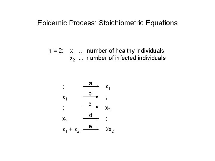 Epidemic Process: Stoichiometric Equations n = 2: x 1. . . number of healthy