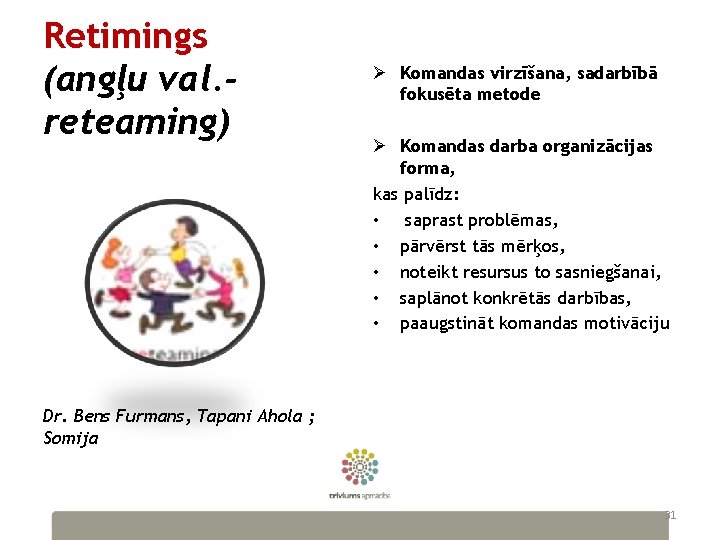 Retimings (аngļu val. reteaming) Ø Komandas virzīšana, sadarbībā fokusēta metode Ø Komandas darba organizācijas
