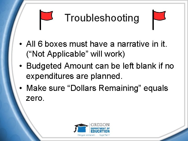Troubleshooting • All 6 boxes must have a narrative in it. (“Not Applicable” will