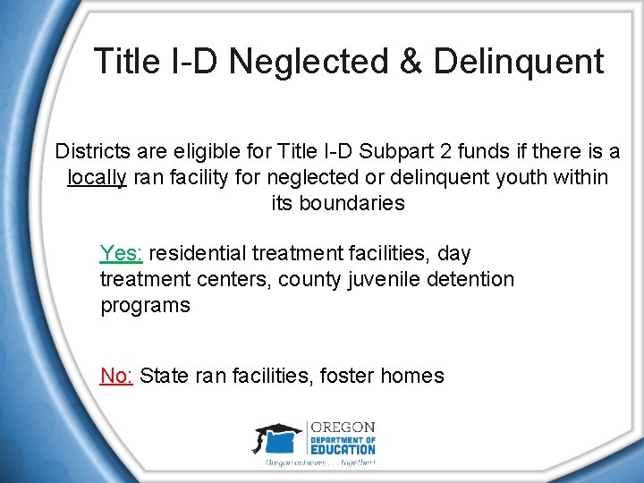 Title I-D Neglected & Delinquent Districts are eligible for Title I-D Subpart 2 funds