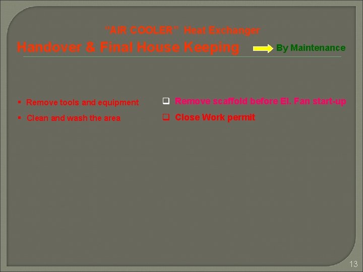 “AIR COOLER” Heat Exchanger Handover & Final House Keeping By Maintenance § Remove tools “AIR COOLER” Heat Exchanger Handover & Final House Keeping By Maintenance § Remove tools