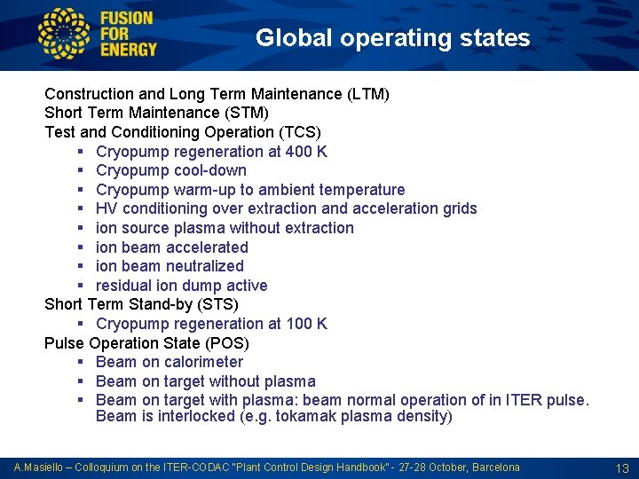 Global operating states Construction and Long Term Maintenance (LTM) Short Term Maintenance (STM) Test